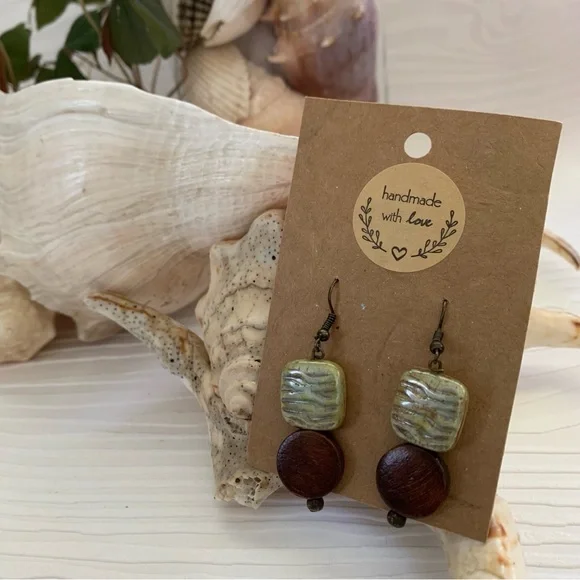 Earthy Drop Earrings Nature Inspired green Glass and Wood Beads Antiqued Style - Picture 8 of 10